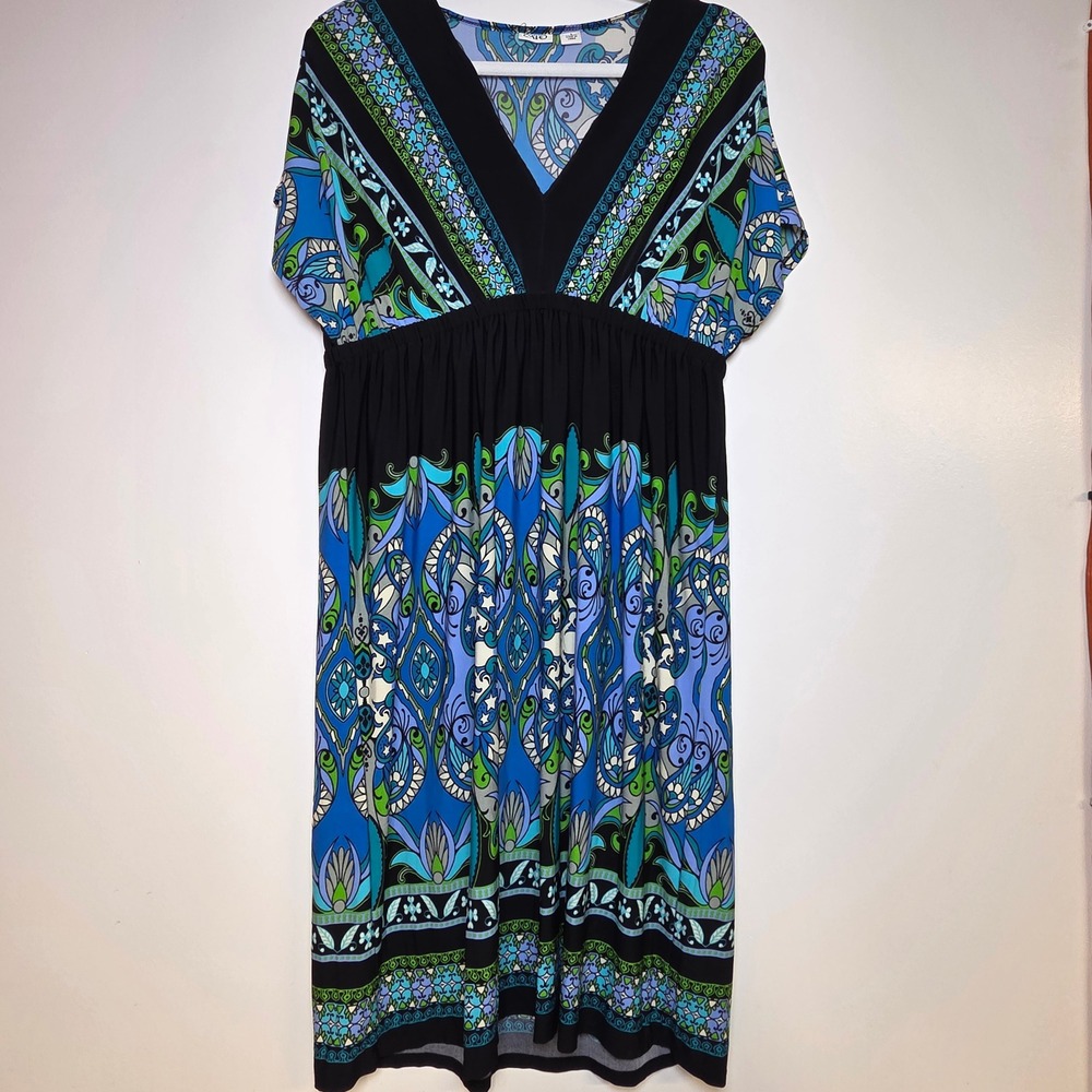 Cato Womens Blue Green Paisley Empire Waist V-Neck Midi Dress Large RN37080